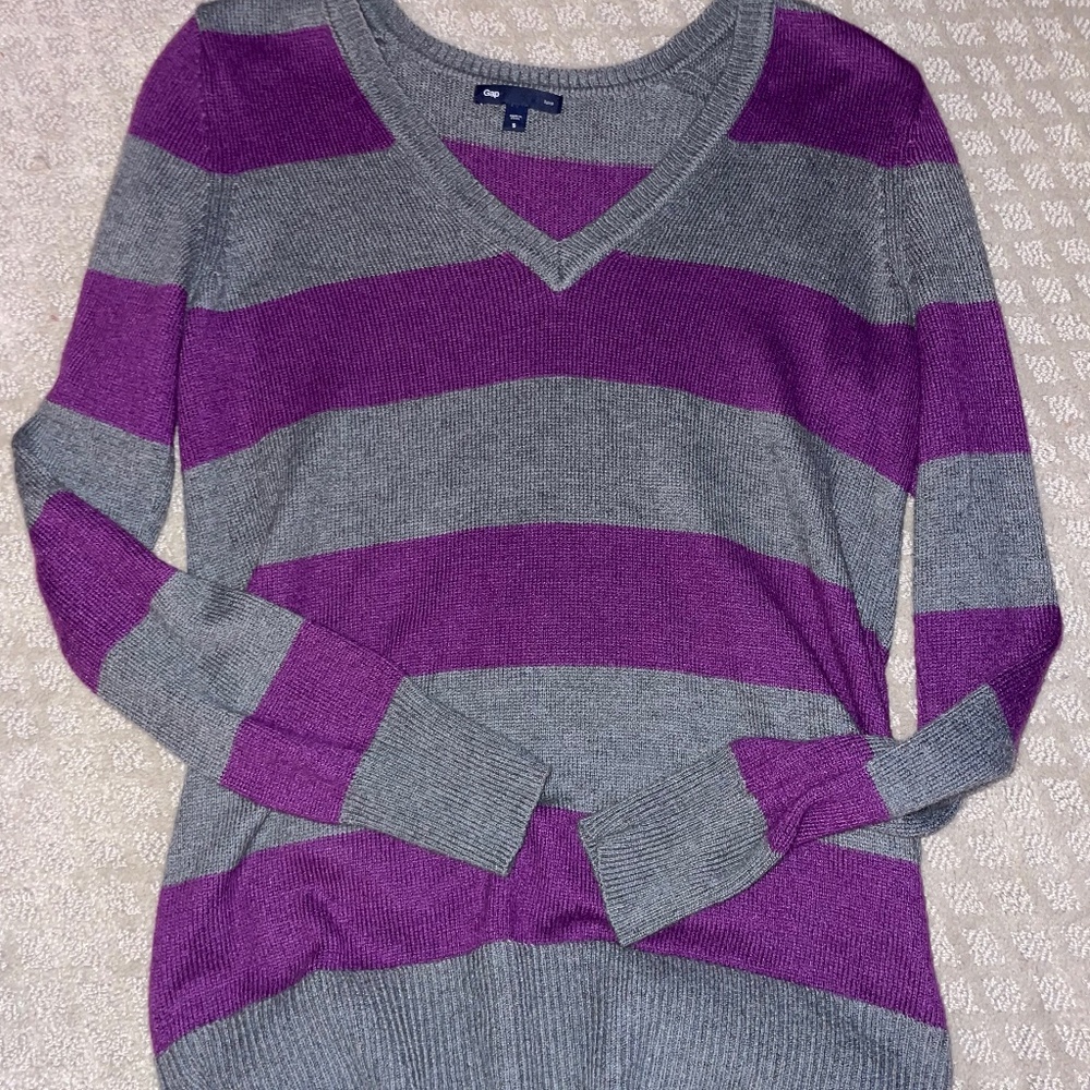 grey and purple striped sweater